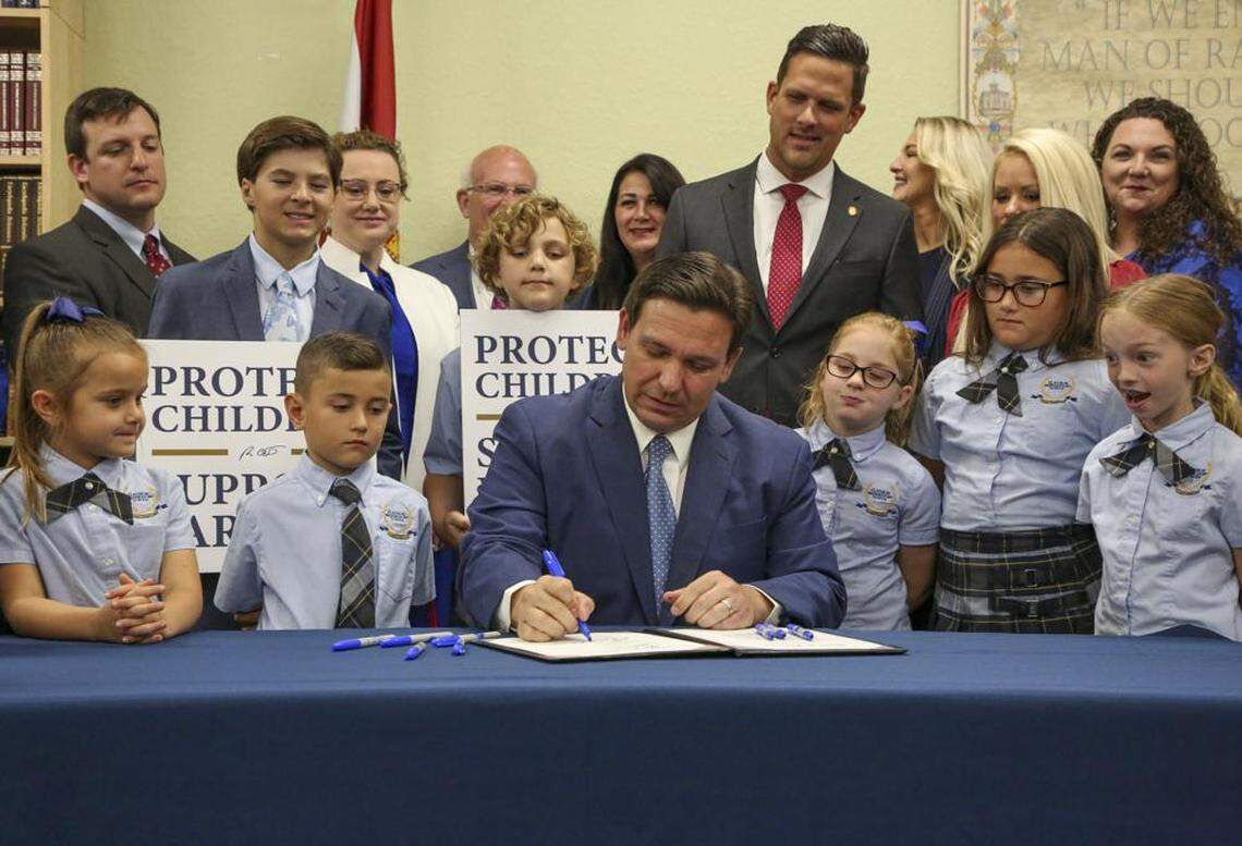 In March 2022, Florida Gov. Ron DeSantis signs the ‘Parental Rights in Education’ bill at Classical Preparatory School in Shady Hills in Pasco County.