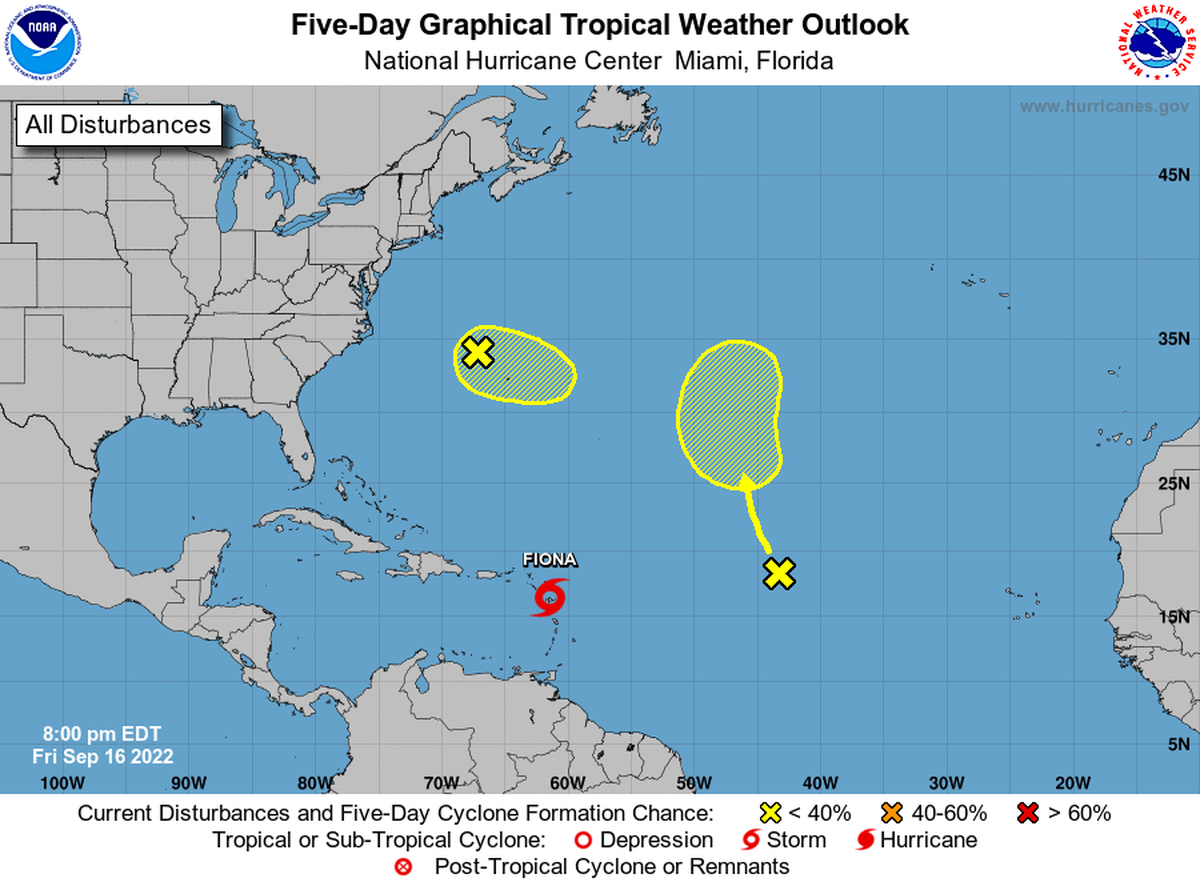 The Atlantic is bustling with activity Friday. Forecasters are watching Tropical Storm Fiona and are also keeping an eye on two disturbances that have popped up in the Atlantic.