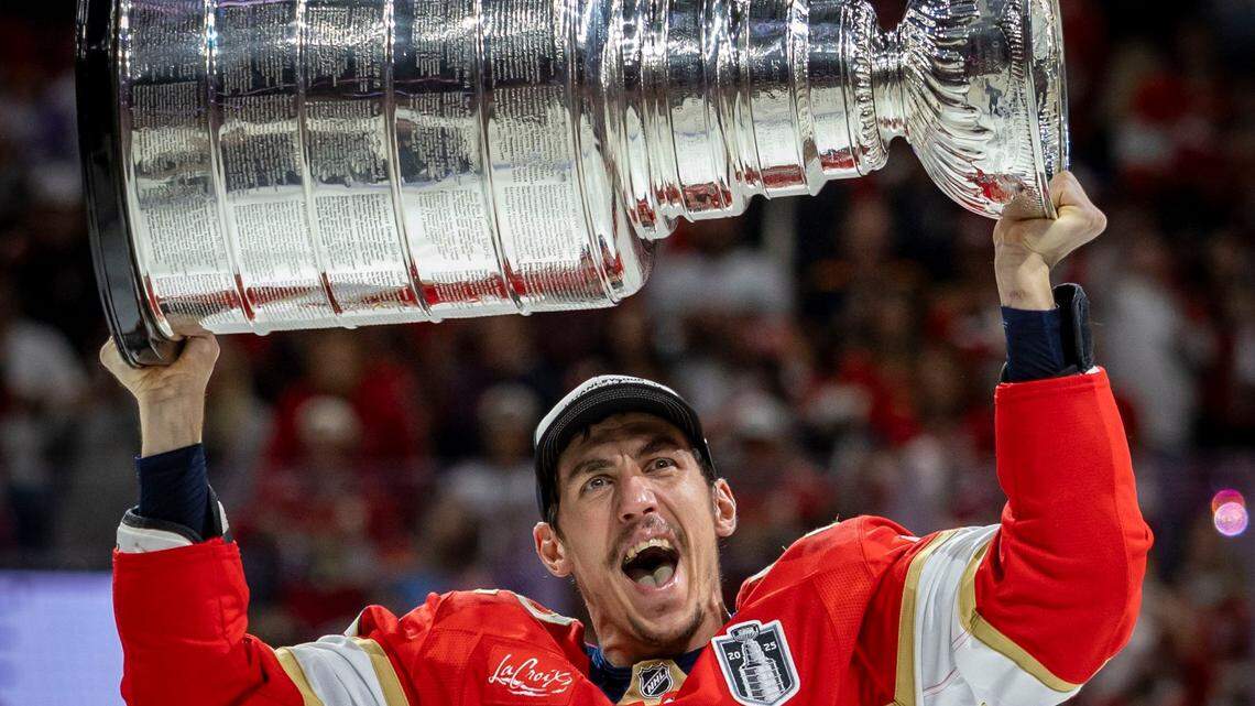 Florida Panthers left wing Tomas Nosek (92) lifts the Stanley Cup after the Panthers defeated the Edmonton Oilers in Game 6