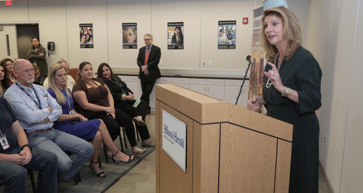Miami, March 8, 2019 - Alexandra Villoch speaks to Miami Herald and el Nuevo Herald employees to announce that is stepping down effective April 15. Aminda Marqués González, executive editor of the Miami Herald and el Nuevo Herald, will expand her leadership role with the Miami Herald Media Company as its editor and publisher, the news organization‚ parent company, McClatchy, announced Friday. Alexandra Villoch, current president and publisher and also publisher for McClatchy‚ East Region, is stepping down to take on a new role as chief executive officer for the Baptist Health South Florida Foundation.