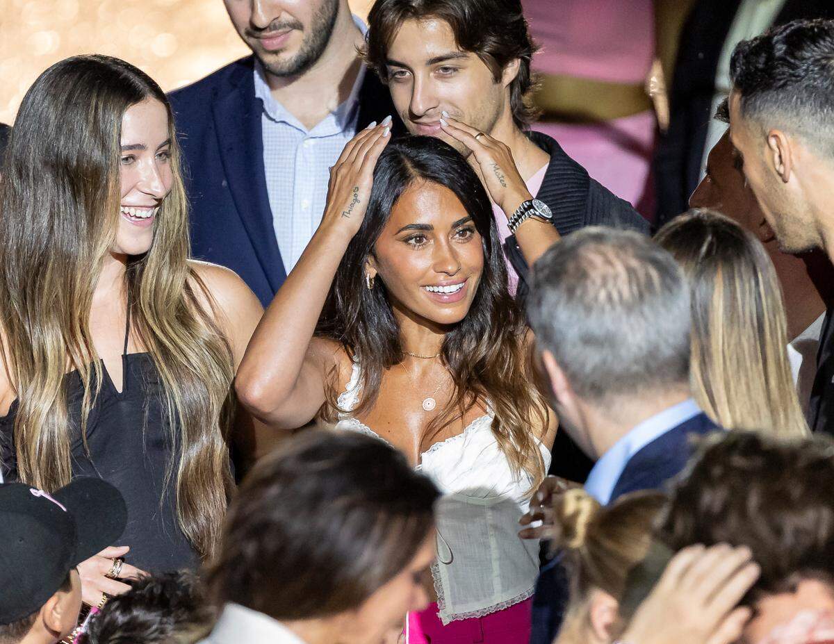 Lionel Messi’s wife, Antonela Roccuzzo reacts during Inter Miami’s The Unveil event at DRV PNK Stadium on Sunday, July 16, 2023, in Fort Lauderdale, Fla. The event was held to officially welcome Argentine forward Lionel Messi (10) and Spanish midfielder Sergio Busquets (5) to the team.