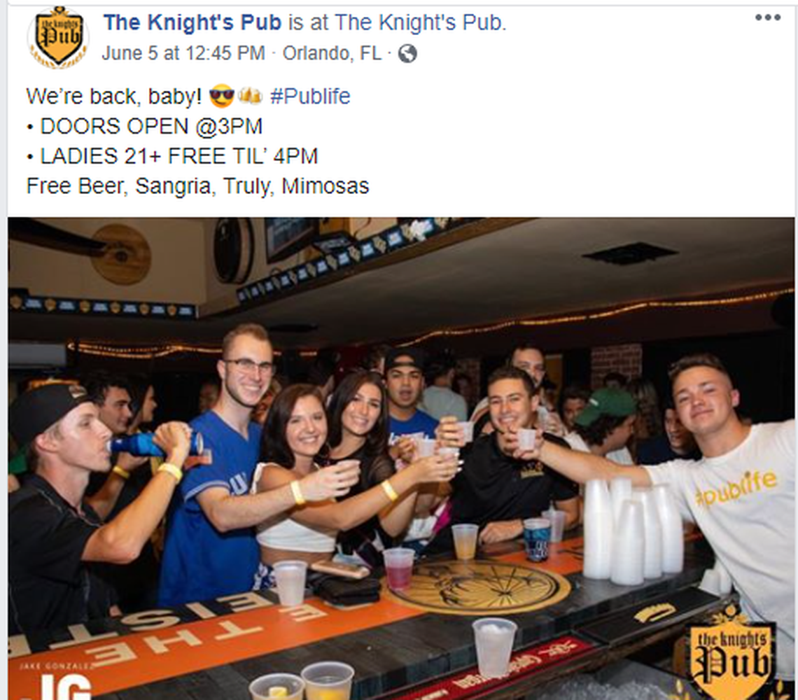 This July 2019 photo from the Knight’s Pub Facebook page was used by the Department of Business and Professional Regulation as evidence that the college bar in Orlando was violating social distancing rules in June 2020.