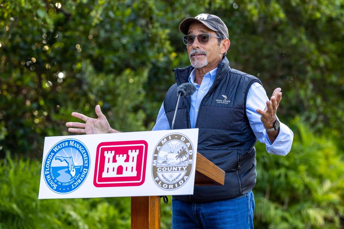 Charlie Martinez, the representative for Miami-Dade on the South Florida Water Management District governing board, speaks to the crowd during a ‘ground breaking’ on the final component of the Biscayne Bay Coastal Wetlands Project led by the South Florida Water Management District and the U.S. Army Corps of Engineers near Black Point Marina in Homestead, Florida, on Tuesday, March 21, 2023.