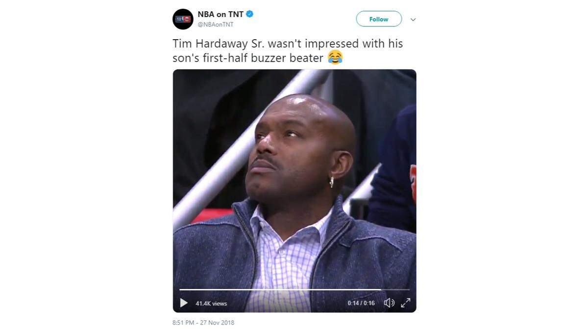 Retired NBA and former Miami Heat player Tim Hardaway Sr. became a future internet gif and meme for his expressionless reaction to his son’s buzzer beater for the New York Knicks to close out the first half of a game against the Detroit Pistons.