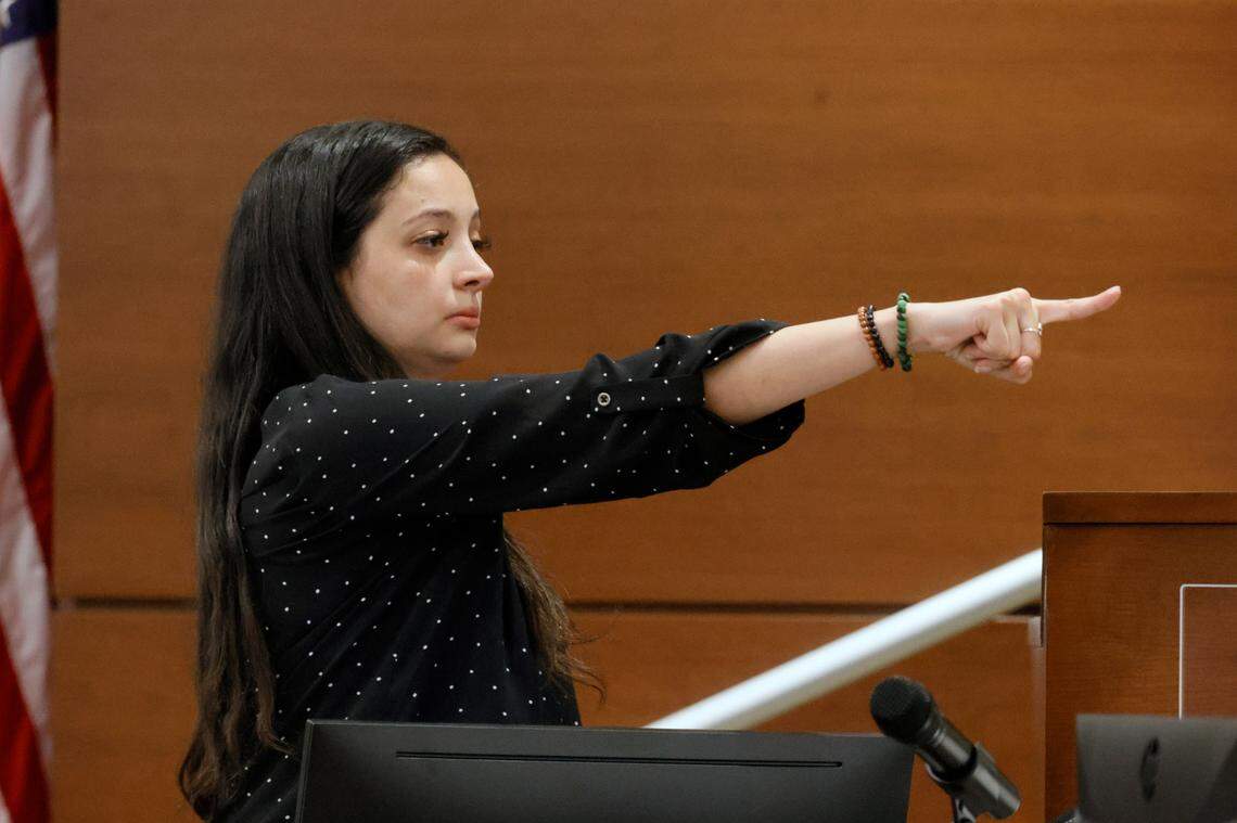 Former Marjory Stoneman Douglas High School student Nicolette Miciotta points out Nikolas Cruz as the killer during the first week of the sentencing trial for shooter Nikolas Cruz.
