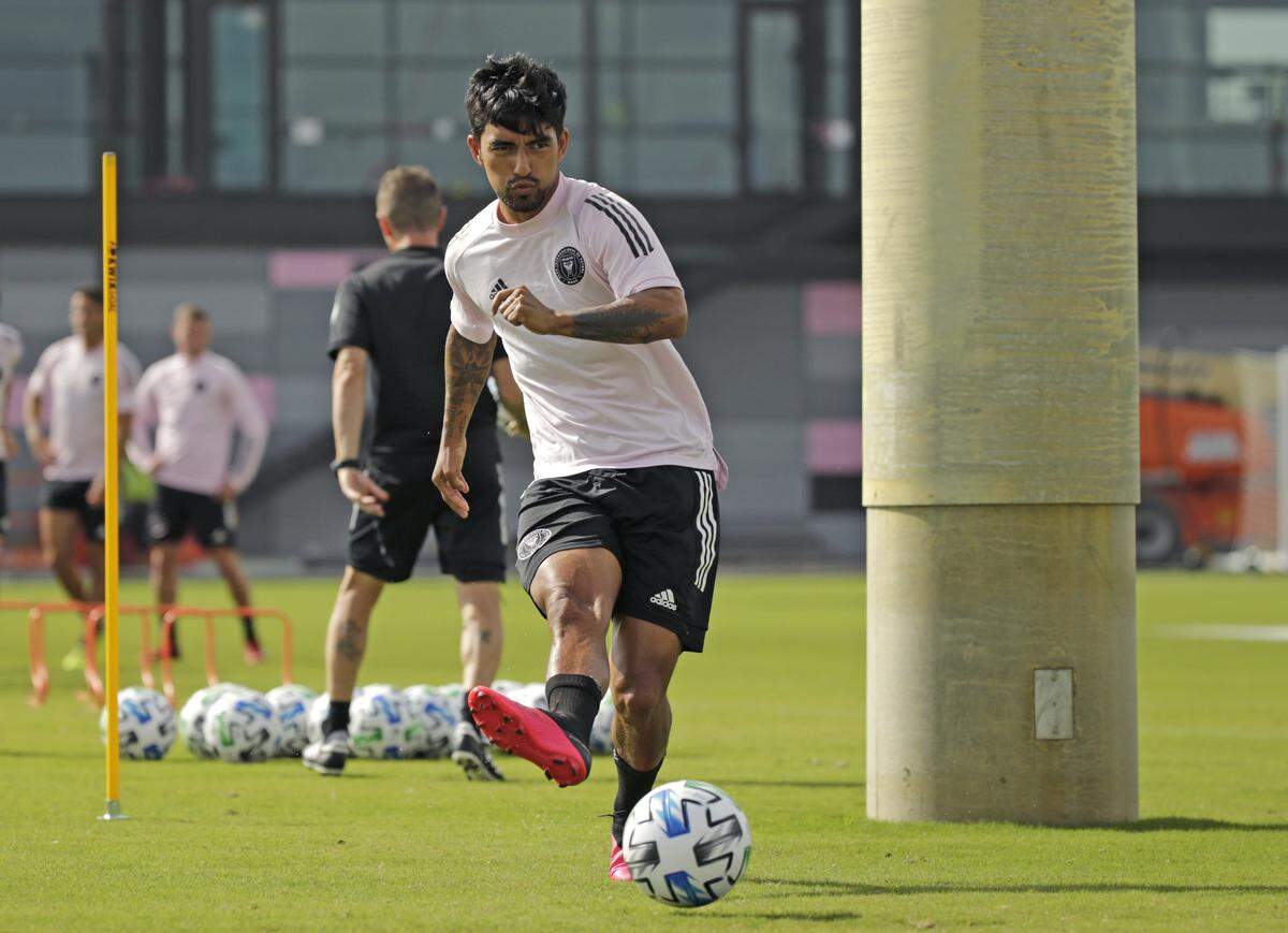 Inter Miami CF defender A.J. DeLaGarza runs drills MLS soccer during training camp at Lockhart Stadium on Tuesday, February 11, 2020 in Fort Lauderdale.