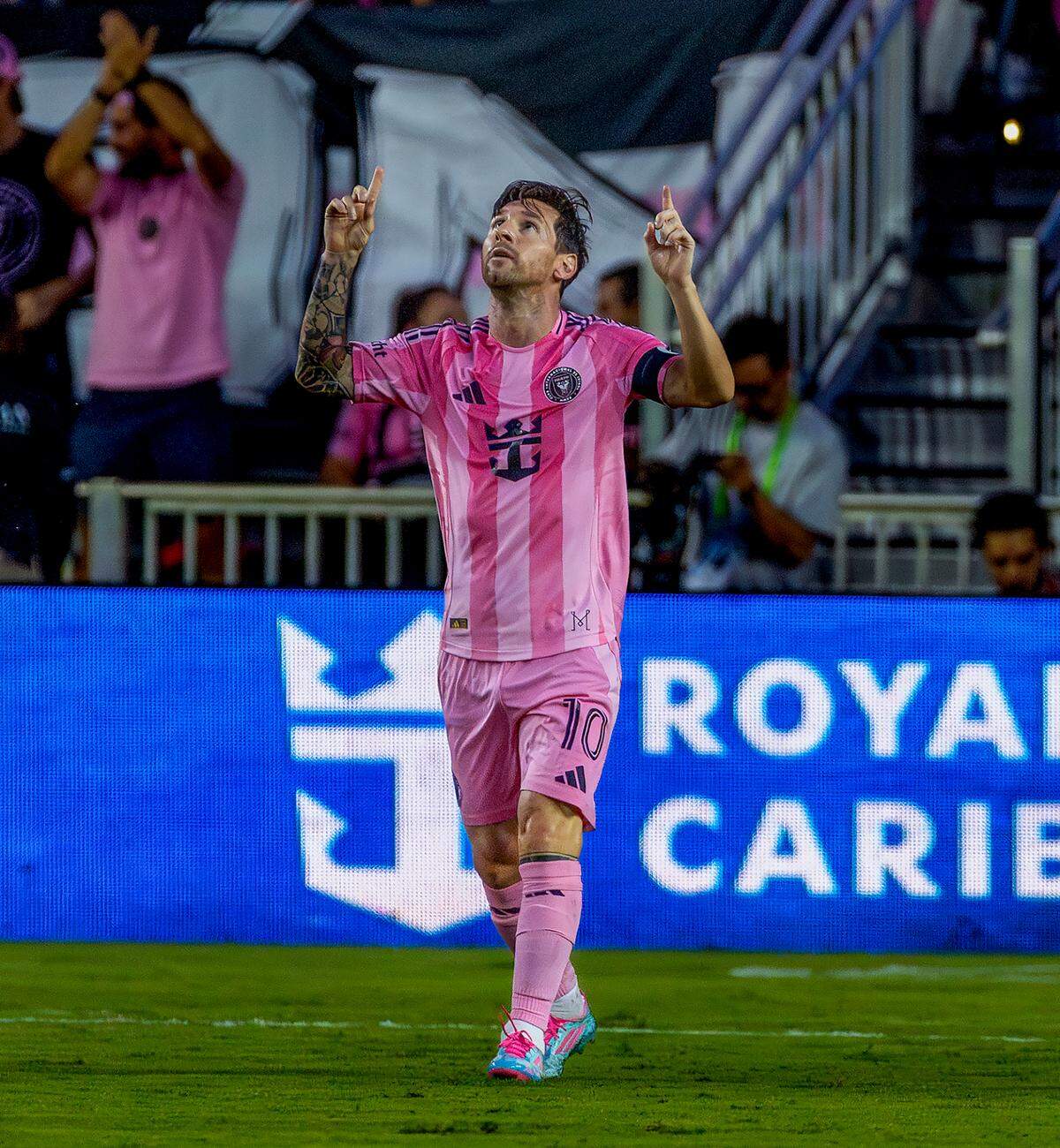 Inter Miami forward Lionel Messi (10) celebrates after scoring during the first half of an MLS match against CF Montréal at Chase Stadium on Wednesday, May 28, 2025, in Fort Lauderdale, Fla.