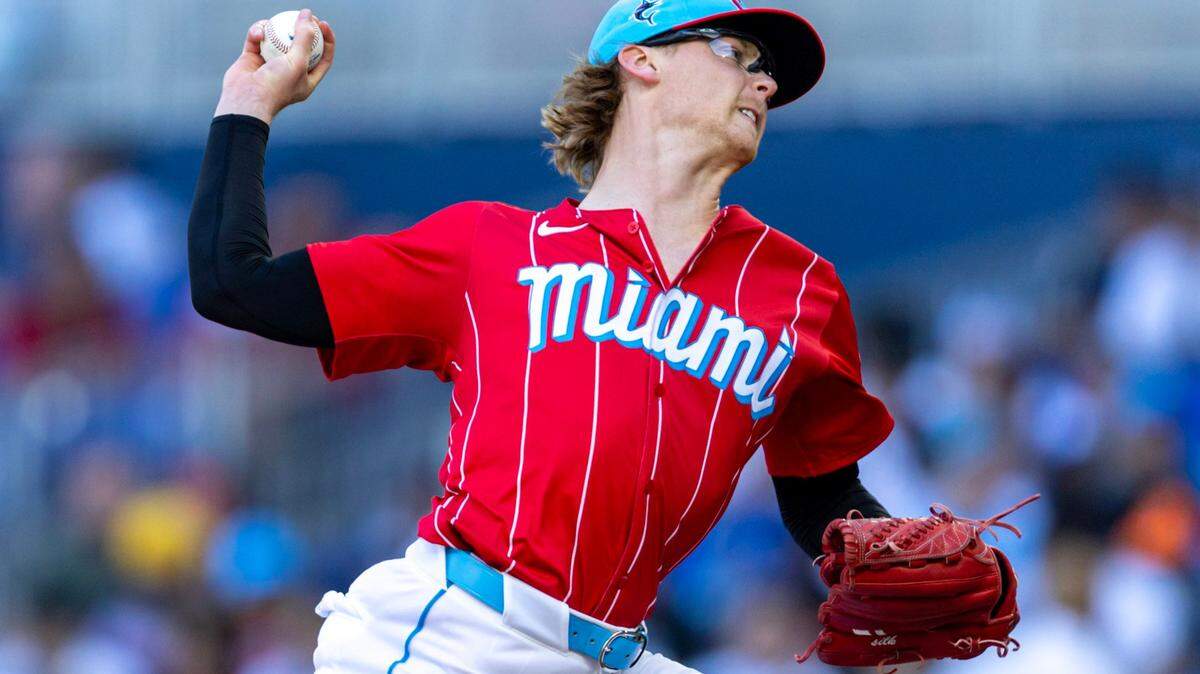 Miami Marlins pitcher Max Meyer (23) throws the ball during the second inning of an MLB game against the Atlanta Braves at LoanDepot Park in Miami, Florida, on Saturday, April 13, 2024.