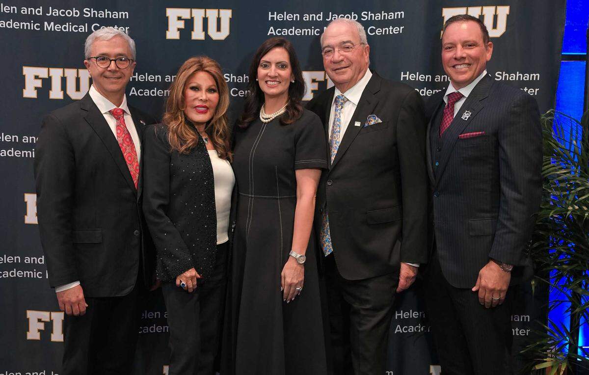 (From left to right) Dr. Juan C. Cendan, dean of FIU Medicine and senior vice president for health affairs at FIU; Helen Shaham; FIU President Jeanette M. Nuñez; Jacob Shaham; and Carlos A. Duart, chair of FIU’s Board of Trustees.