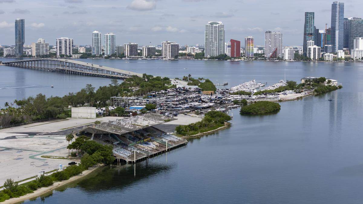 A view of the Miami Marine Stadium at Virginia Key on Wednesday, Sept. 3, 2025, in Miami, Fla. A man allegedly hit a 21-year-old woman with a rented personal watercraft on April 4, 2026, while she was swimming in Biscayne Bay near Miami Marine Stadium.