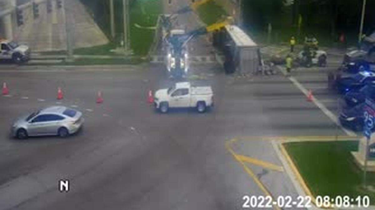 The overturned truck on Pembroke Road, 8:08 a.m., Tuesday