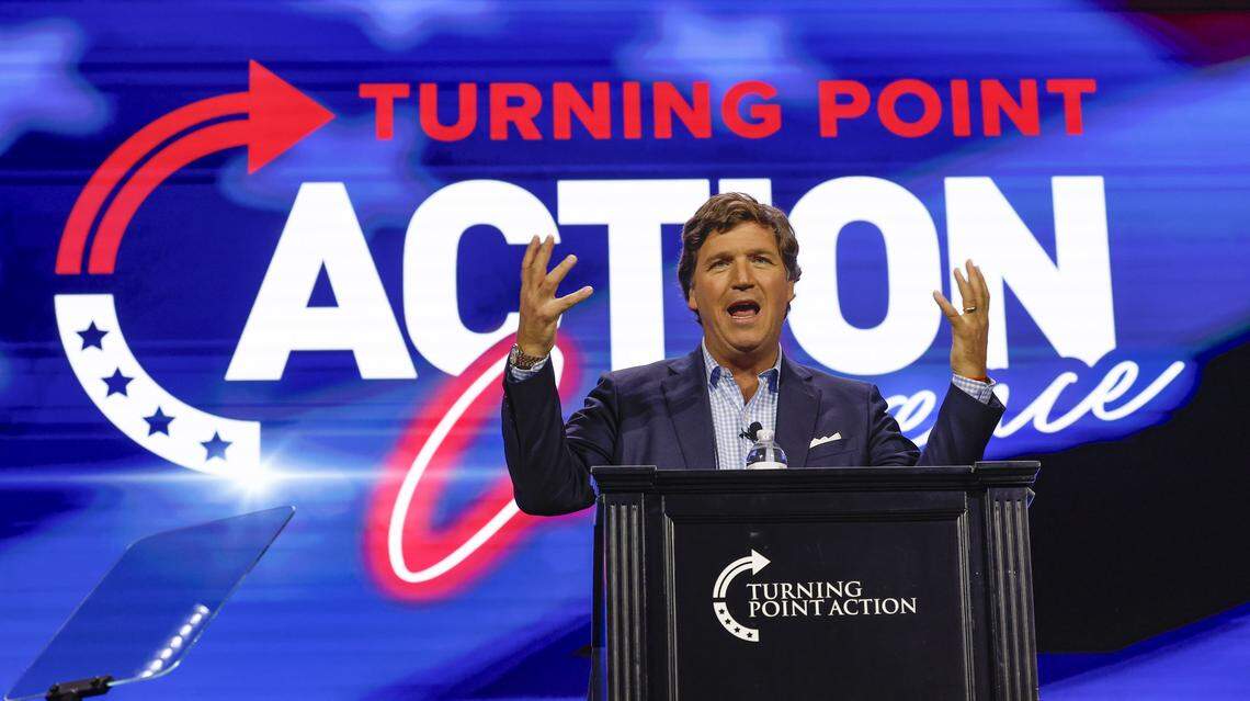 Tucker Carlson speaks during the Turning Point Action Conference at the Palm Beach County Convention Center in West Palm Beach, Florida, on Saturday, July 15, 2023.