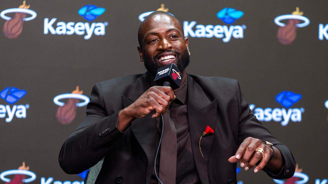 Heat icon Dwyane Wade speaks during a press conference after the unveiling ceremony of his statue in front of Kaseya Center on October 27, 2024, in Miami.