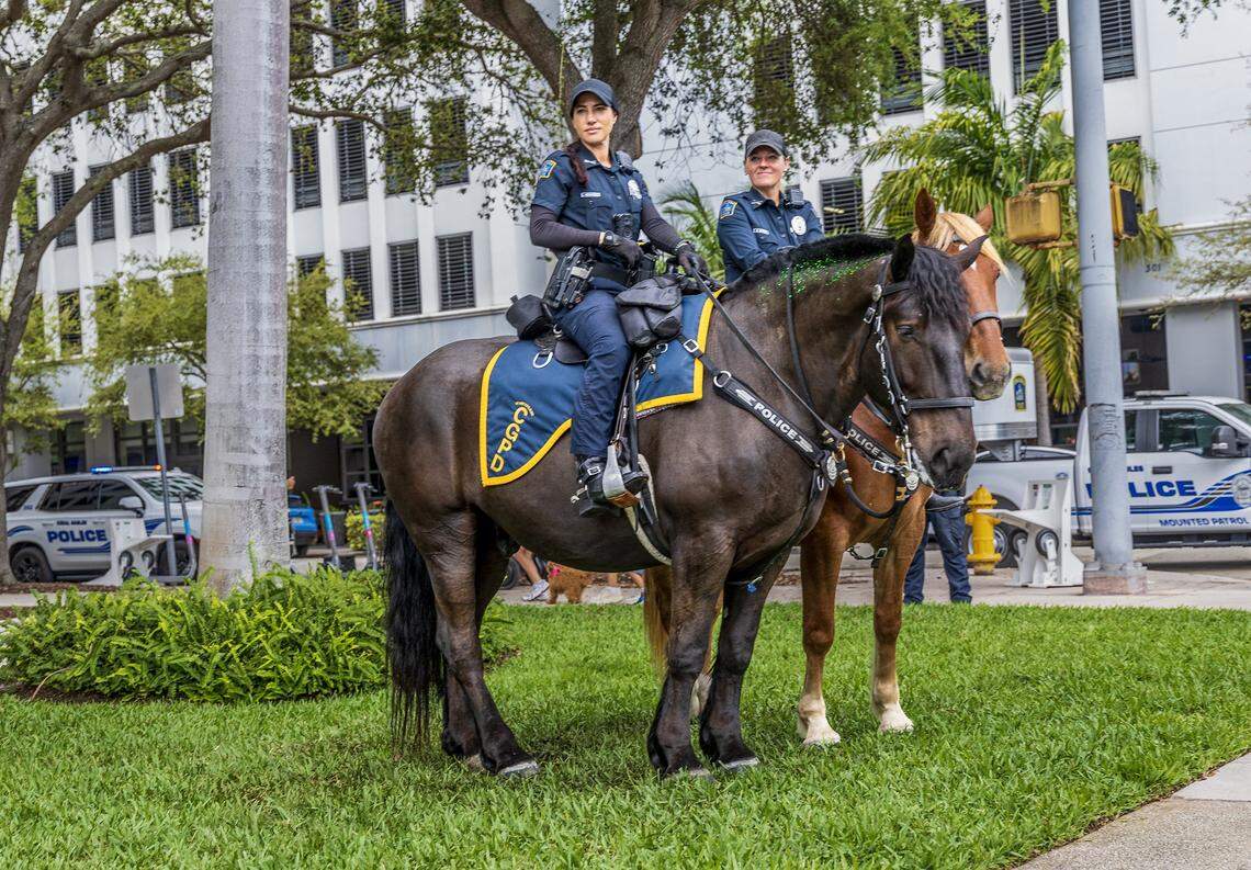 Officers L. Hernandez (left) and A. Sheran with the Coral Gables Police Department Mounted Patrol Unit, seen during the 33rd annual John Martin's St. Patrick's Street Festival in Coral Gables, presented by John Martin's Irish Pub & Restaurant, on Saturday, March 14, 2026.