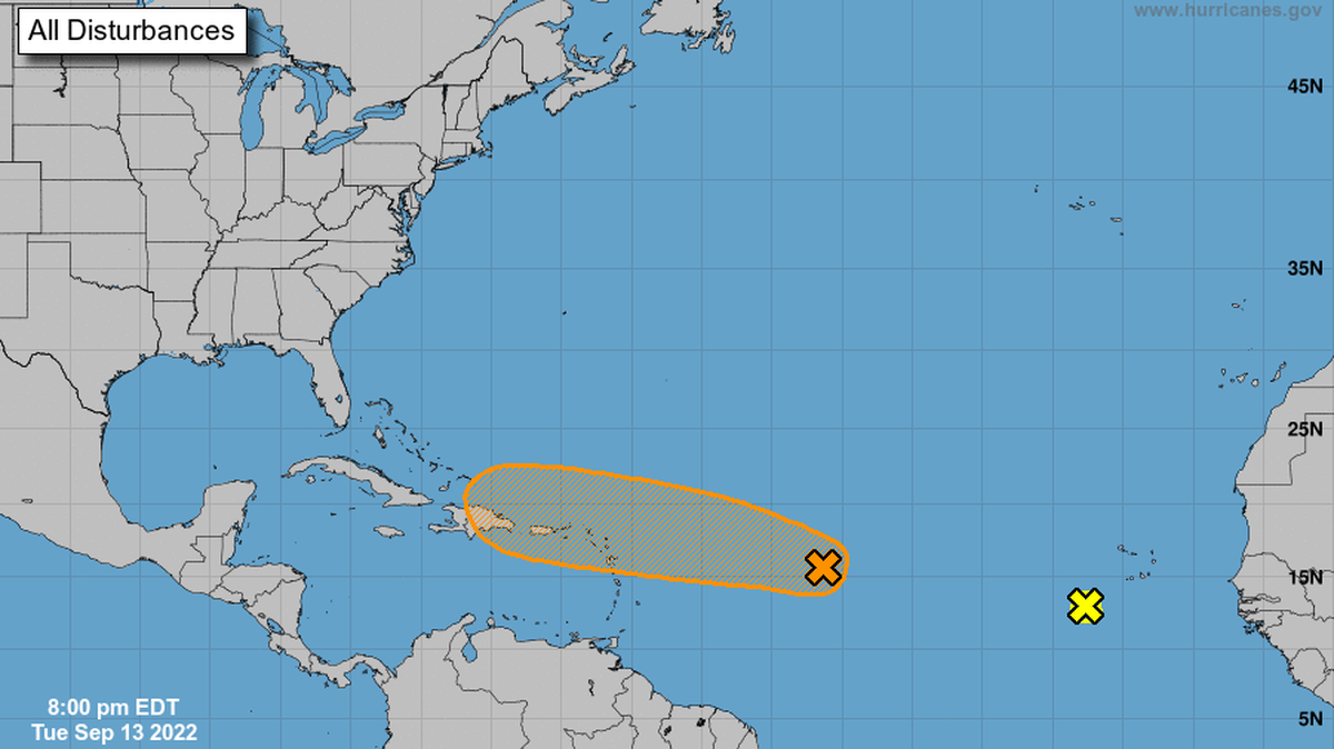 Forecasters are watching two disturbances in the Atlantic and one has a chance of turning into a tropical depression in the next couple of days as it moves closer to the Caribbean Sea.