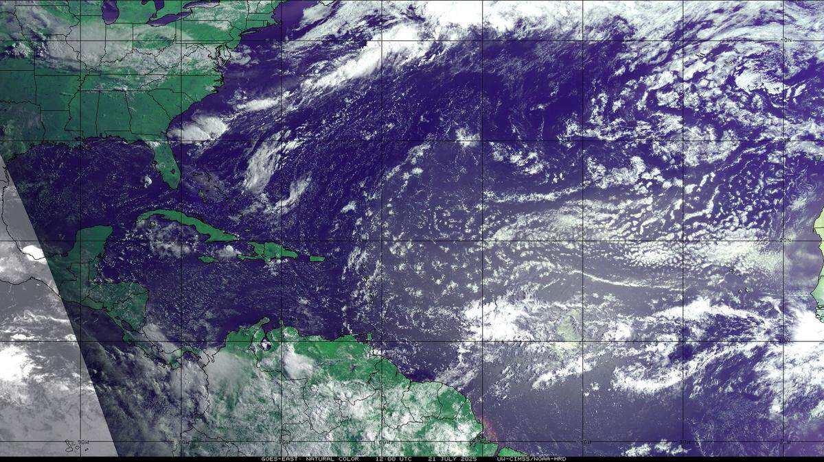 A satellite image from Monday, July 21 shows the Saharan Air Layer over the Atlantic Ocean.