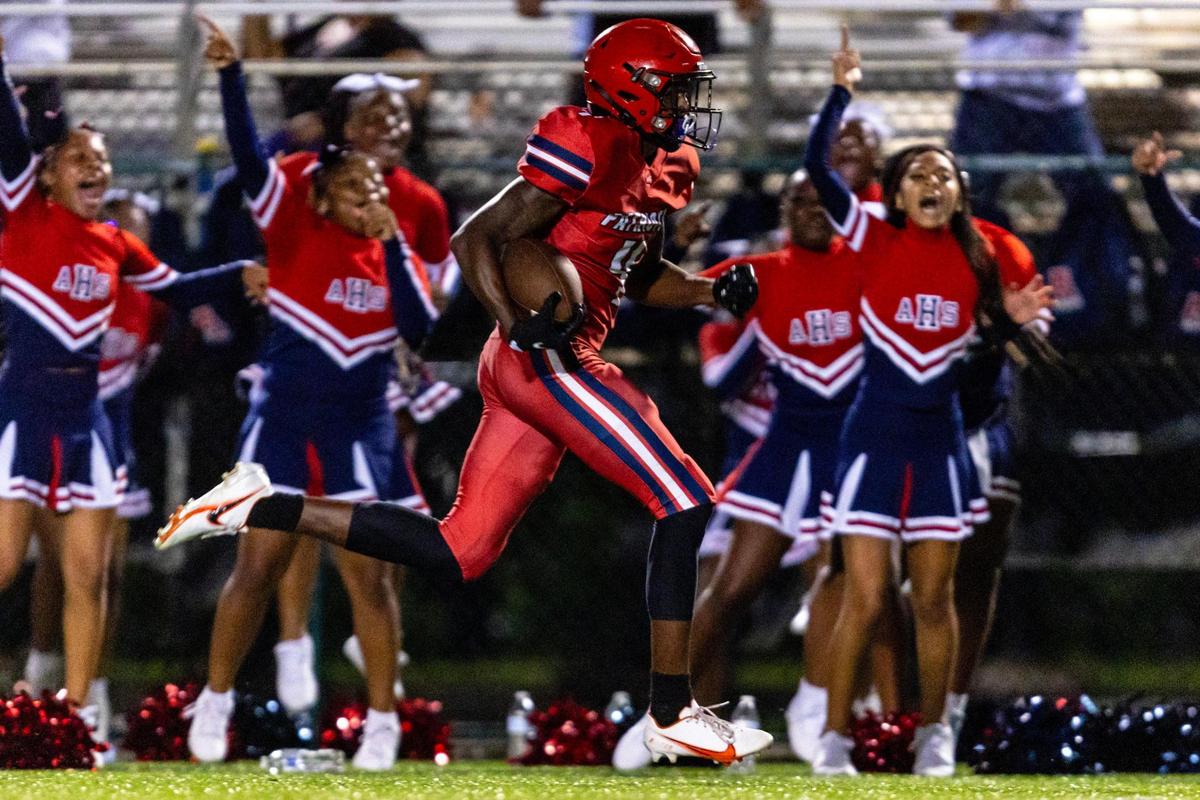 American wide receiver Shamar Fowles (4) runs the ball before scoring a touchdown during the fourth quarter of a high school football game against Goleman at Milander Park in Homestead, Florida, on Friday, September 8, 2023.
