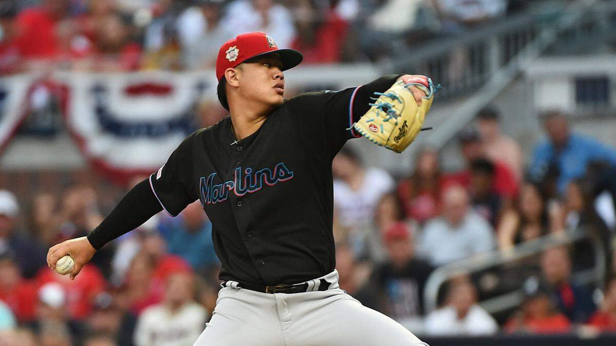 Jordan Yamamoto of the Miami Marlins pitches in the first inning against the Atlanta Braves at SunTrust Park on July 5, 2019, in Atlanta, Georgia