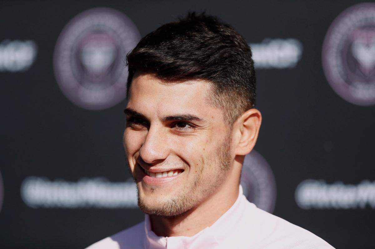 Inter Miami CF player Julian Carranza speaks during a news conference before an MLS soccer practice Tuesday, Jan. 21, 2020, in Miami Shores, Fla. (AP Photo/Brynn Anderson)