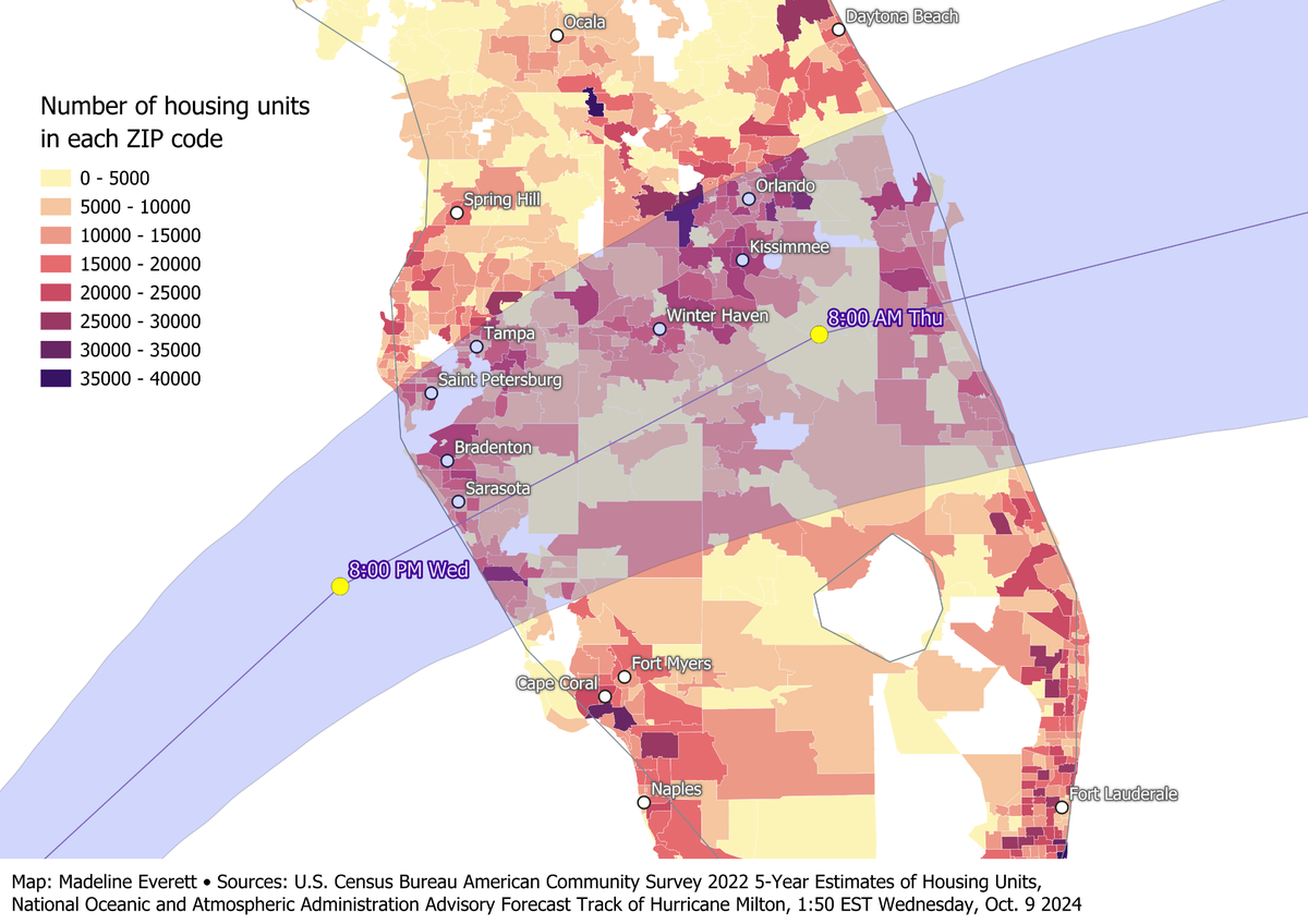 This map shows how many apartments, condominiums and homes are clustered in each zip code in Hurricane Milton’s direct path. The storm could bring heavy rains, winds and double-digit storm surge levels to these areas.