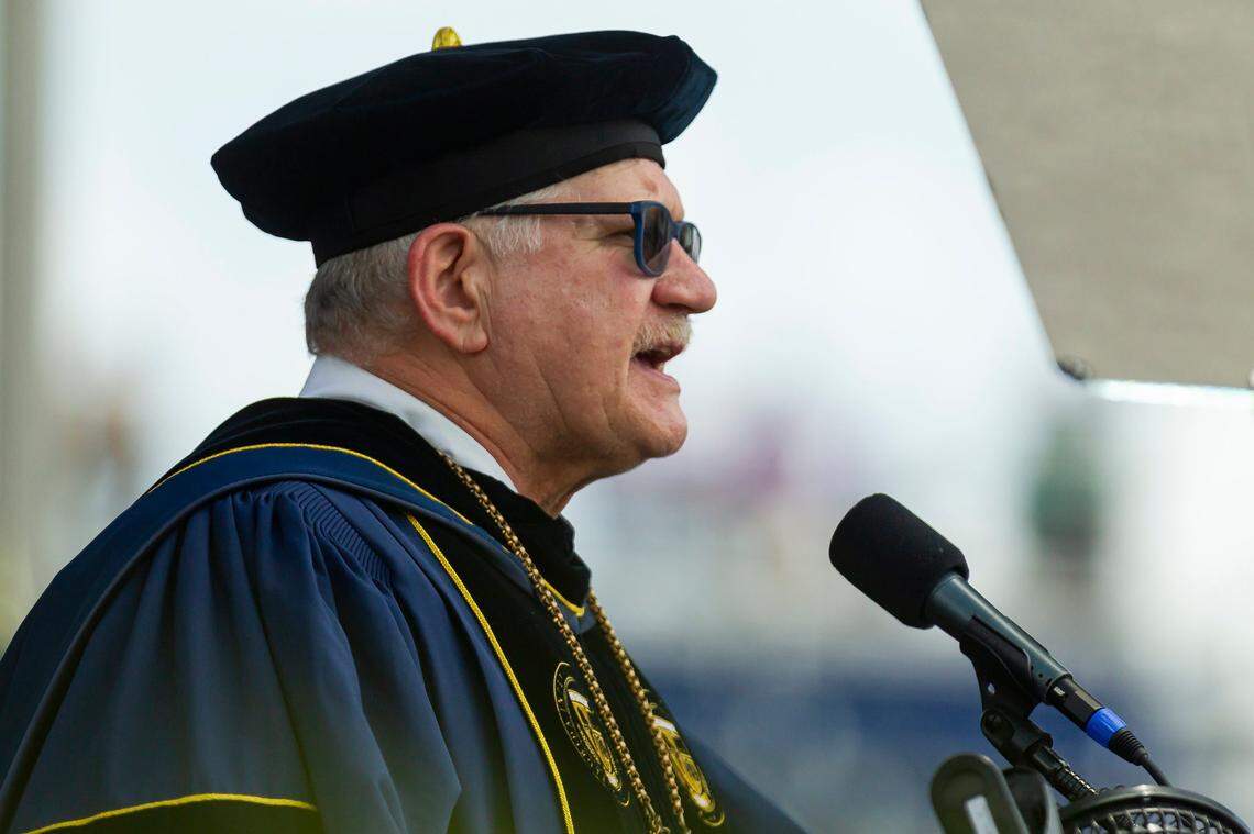 Former FIU President Mark B. Rosenberg speaks to FIU graduates at Riccardo Silva Stadium in Miami on April 24, 2021.
