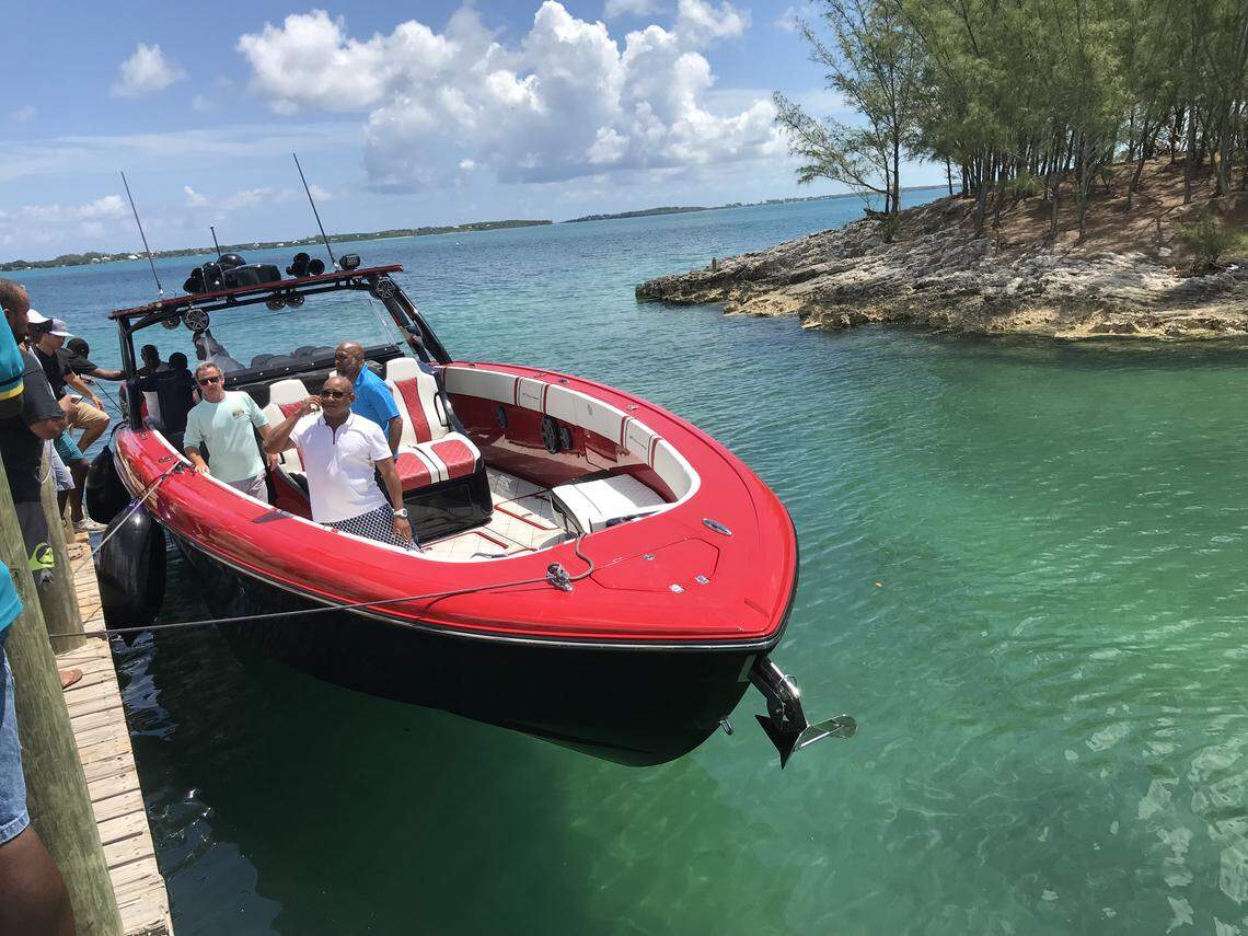 The Foxy Express, a luxury powerboat, arrives in North Eleuthera in the Bahamas ferrying 17 passengers, including a baby from Abaco. It is among 14 boats that have been voluntarily taking victims of Hurricane Dorian to safe haven.