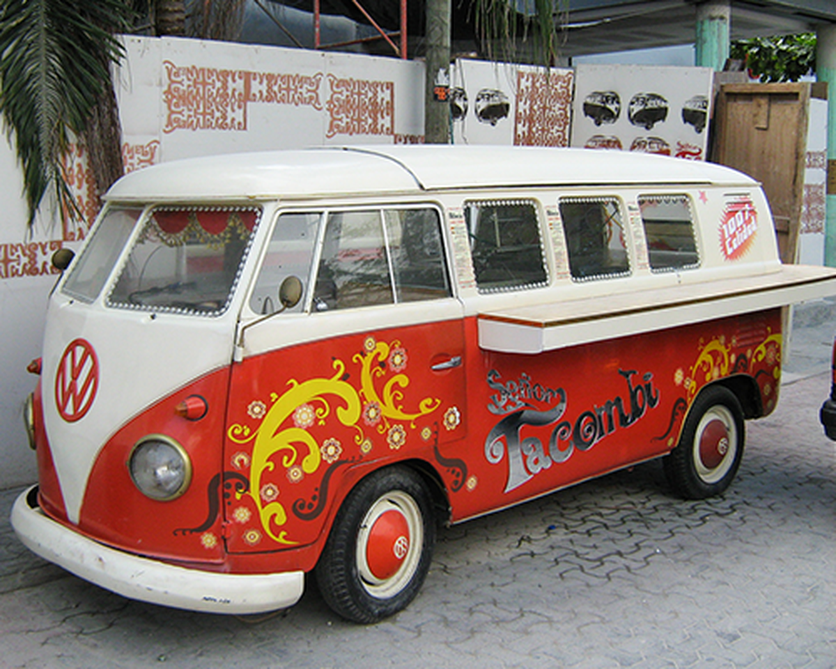 The original Tacombi bus in Playa del Carmen on the Yucatán Peninsula in Mexico.