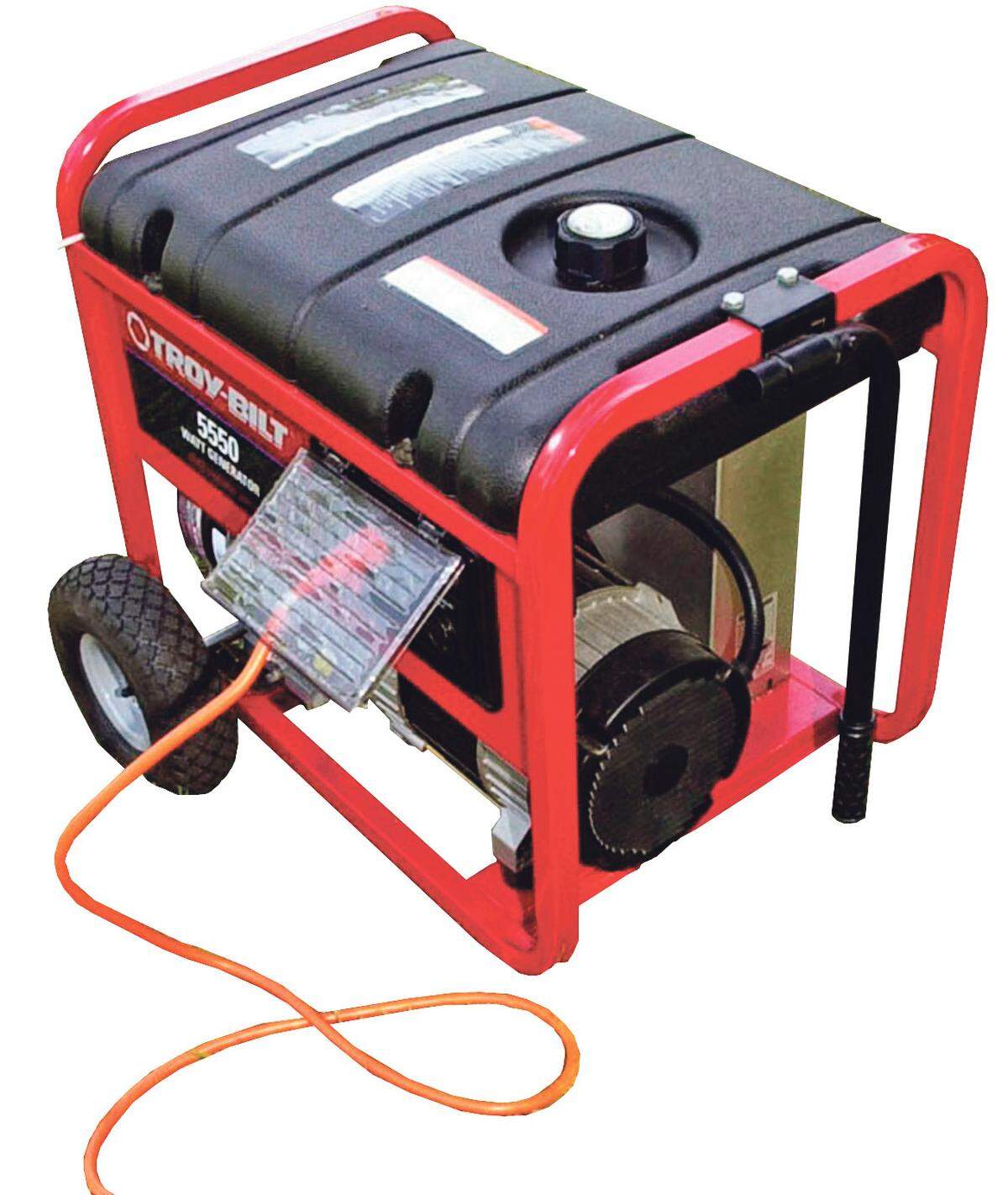 A typical household portable gasoline electric generator with a heavy-duty electric cord.