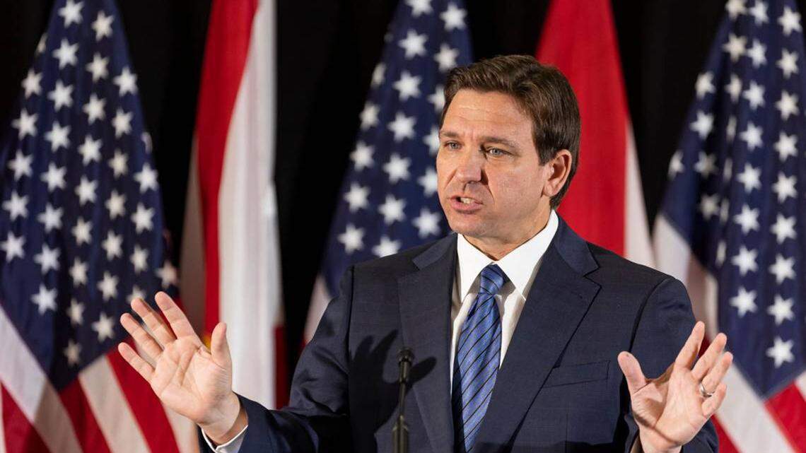 Florida Gov. Ron DeSantis during a press conference at Christopher Columbus High School on Monday, March 27, 2023, in Miami. Appealing to evangelical voters is one of the keys to DeSantis’ efforts to wrest the Republican nomination for president away from former President Donald Trump.