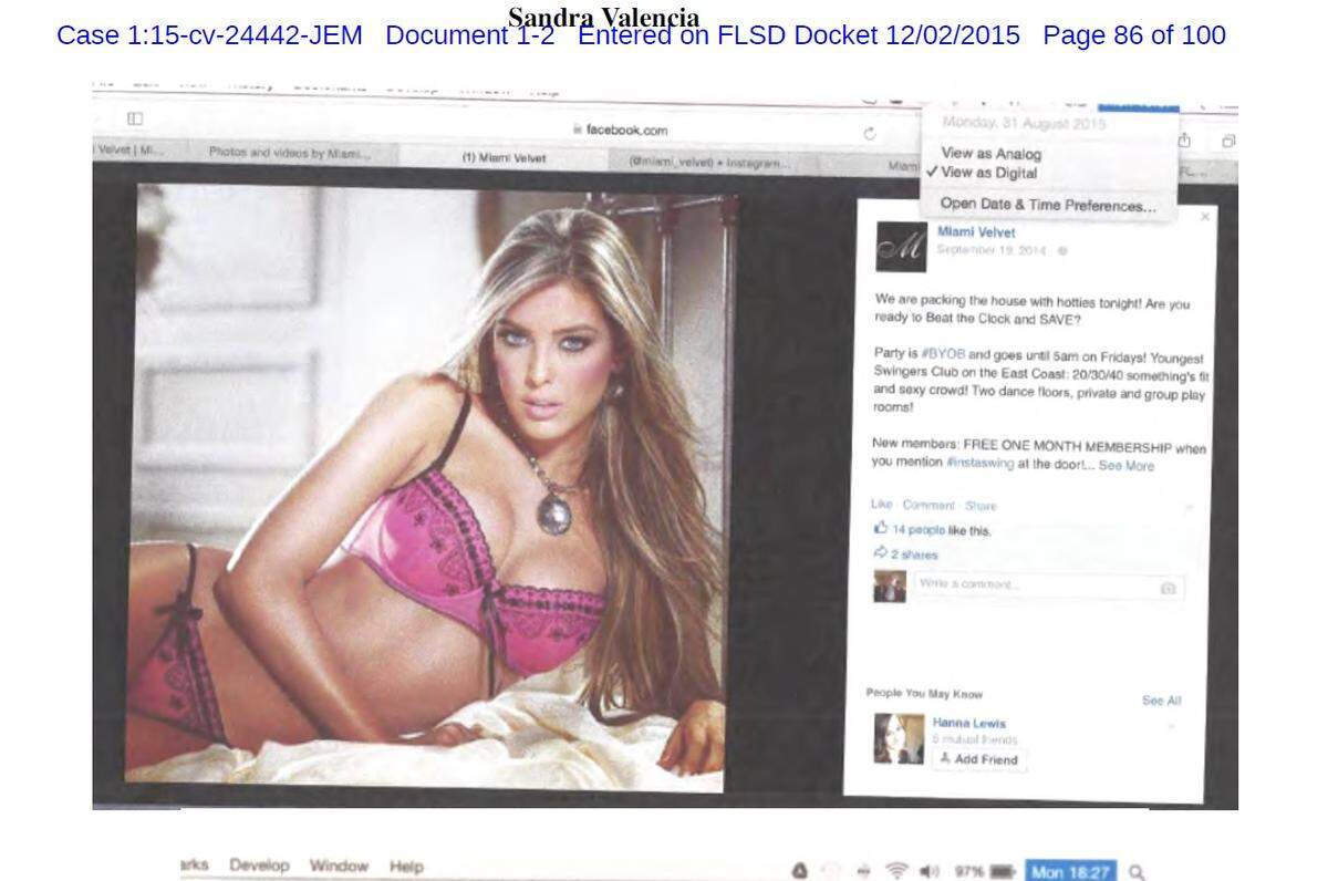 One of the ads for swingers club Miami Velvet used the image of Colombian model Sandra Valencia without her permission.