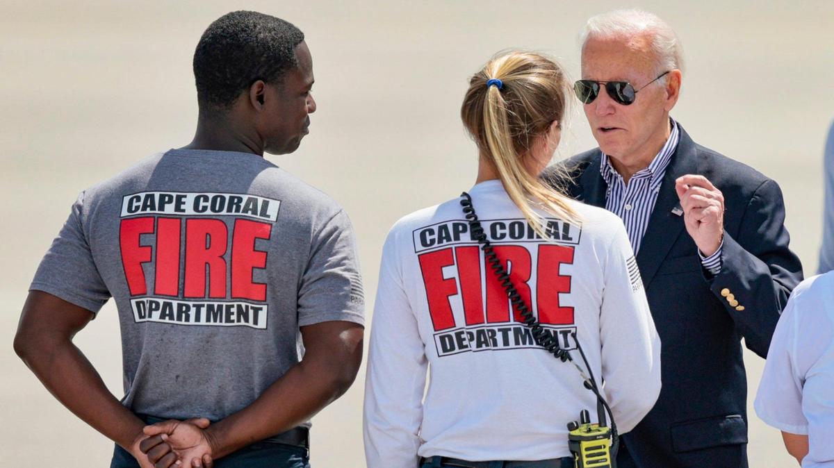 President Joseph Biden and First Lady Jill Biden touched down on the runway of Southwest Florida International Airport in Fort Myers. They were greeted by a line of local officials, Cape Coral firefighters and members of FEMA before boarding the Marine One helicopter as he made his way to hard-hit areas of Fort Myers still recovering from Hurricane Ian on Wednesday, Oct. 5, 2022.