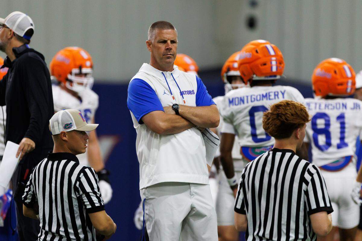 Florida Gators head coach Billy Napier looks on during fall football practice at Sanders Indoor Practice Fields at the University of Florida in Gainesville, FL on Thursday, August 7, 2025. [Matt Pendleton/Gainesville Sun]