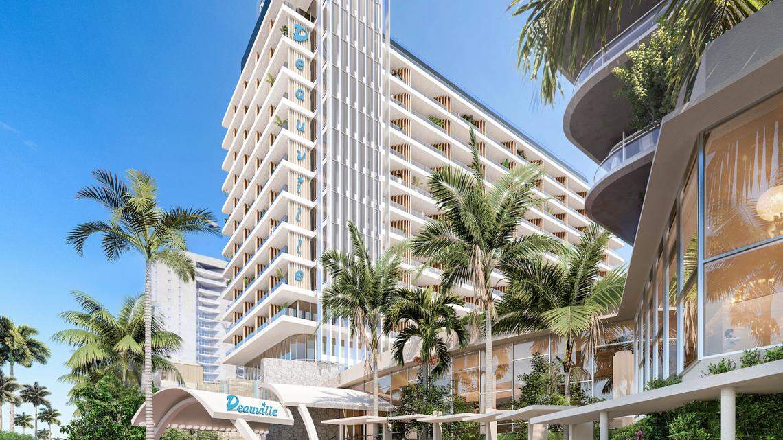 A rendering illustrates developers’ plan to reconstruct and ‘reinterpret” the demolished but iconic Deauville Beach Resort in Miami Beach.