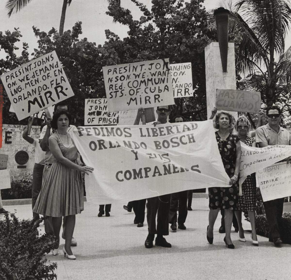 Demonstrators at Miami’s Torch of Friendship protest against the imprisonment of Orlando Bosch and other anti-Castro activists in 1965.