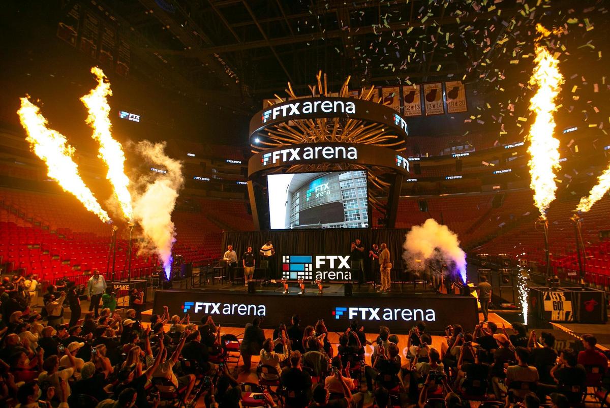 FTX CEO Sam Bankman-Fried, Heat president of business operations Eric Woolworth, Miami-Dade County Mayor Daniella Levine Cava and Heat players Bam Adebayo and Udonis Haslem attend a press conference where it was formally announced that the Miami Heat’s new home would be called the FTX Arena in downtown Miami, Florida on Friday, June 4, 2021.