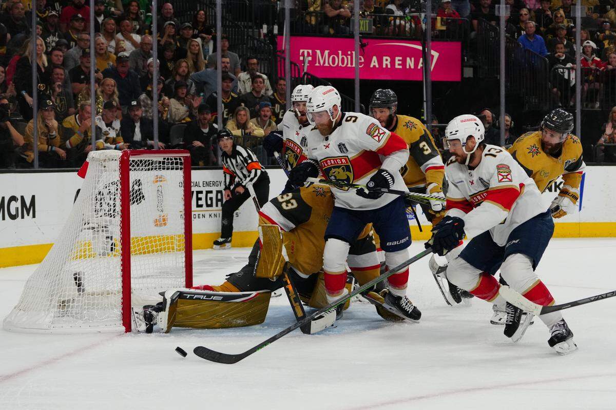 Jun 5, 2023; Las Vegas, Nevada, USA; Florida Panthers center Sam Reinhart (13) looks to take a shot in the first period against the Vegas Golden Knights in game two of the 2023 Stanley Cup Final at T-Mobile Arena. Mandatory Credit: Stephen R. Sylvanie-USA TODAY Sports