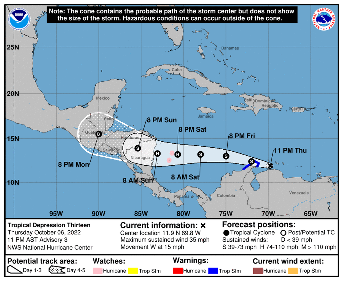 Tropical Depression 13 formed off the northern coast of South America Thursday night, pushing the system one step closer to strengthening to a hurricane as it nears Nicaragua.&nbsp;