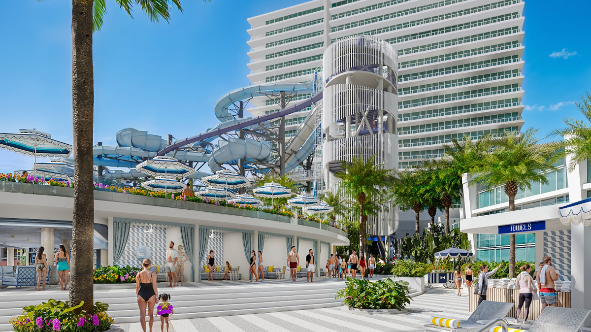 A rendering of the revised proposal by the Fontainebleau Miami Beach hotel to build a water park and renovate the pool area.