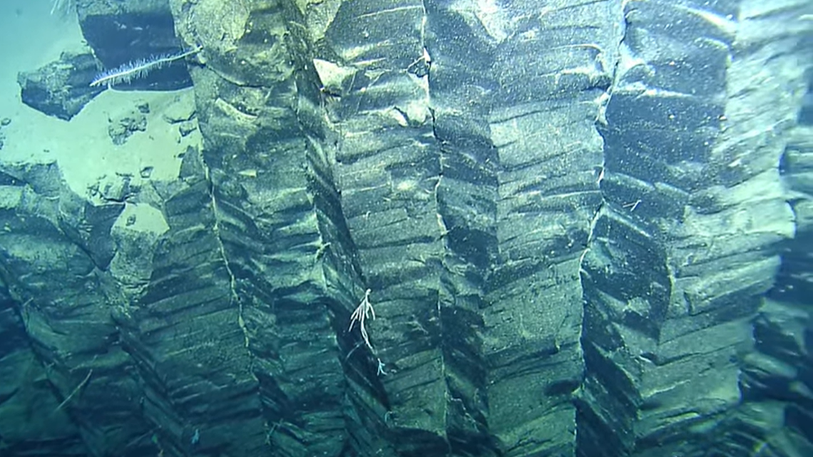 This collection of basalt columns was recorded in a canyon north of Molokai, at a depth of just over a mile, according to Nautilus Live Ocean Exploration Trust.