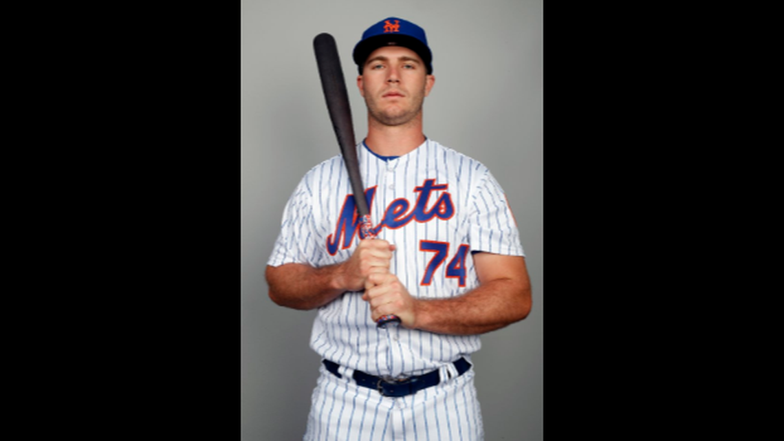 This is a 2018 photo of Peter Alonso of the New York Mets baseball team. This image reflects the Mets active roster as of Feb. 21, 2018 when this image was taken. Alonso finally put on a uniform at Citi Field on Wednesday, Sept. 12, 2018. Just not as part of New York’s active roster. Alonso was honored on the field as the Mets’ minor league player of the year about two weeks after New York frustrated its fans by declining to promote him to the major leagues. Alonso says he was “disappointed” to be kept off the major league roster, but he’s using the decision as motivation for his offseason