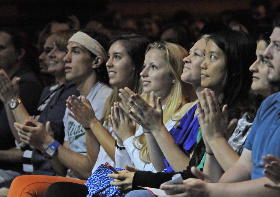 UM students and guests packed the BankUnited Center to hear Jane Goodall, the noted primatologist, founder of the Jane Goodall Institute and UN Messenger of Peace, speak, Monday, April 29, 2013. Her lecture is titled "Reason for Hope."