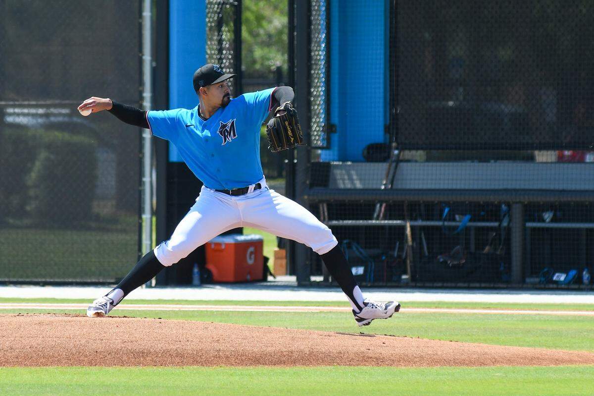 Miami Marlins pitcher Pablo Lopez throws against the Houston Astros on a back field at the Roger Dean Chevrolet Stadium complex on Tuesday, March 23, 2021, in Jupiter, Florida.