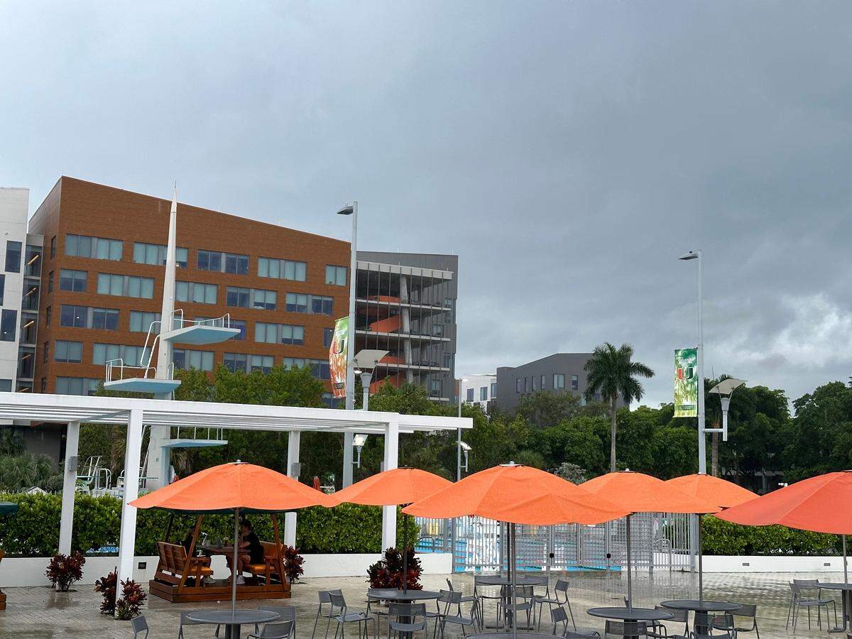 Thunderstorms soak the University of Miami’s patio and clear the pool on Friday afternoon, Sept. 15, 2023. Similar storms are forecast through the week.