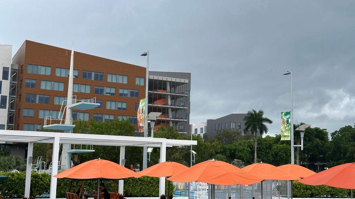Thunderstorms soak the University of Miami’s patio and clear the pool on Friday afternoon, Sept. 15, 2023. Similar storms are forecast through the week.