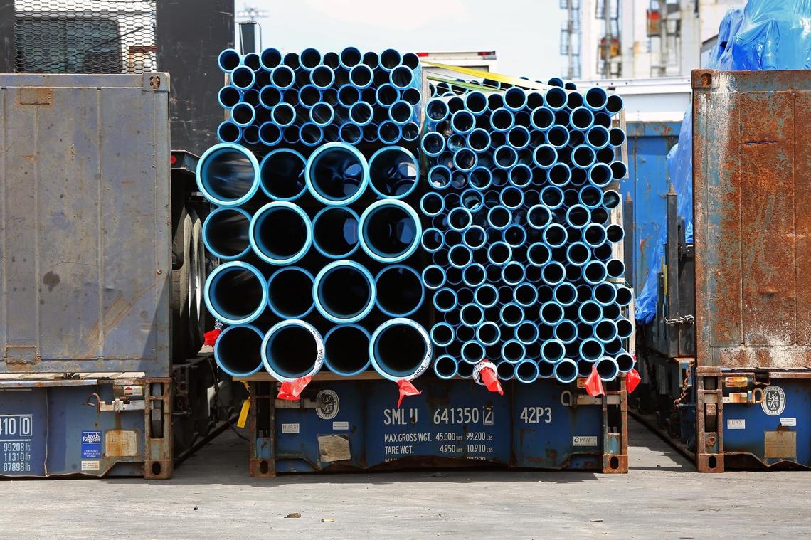 Equipment, containers and PVC pipe are ready to be shipped from PortMiami on May 2, 2018.