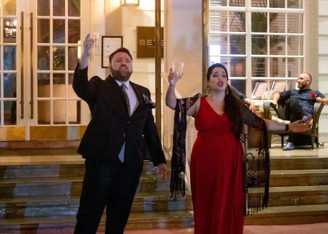 Tenor Gerardo Ortega and lyric soprano Megan Barrera perform on the front terrace of The Betsy Hotel as part of the “Opera on the Terrace” series.