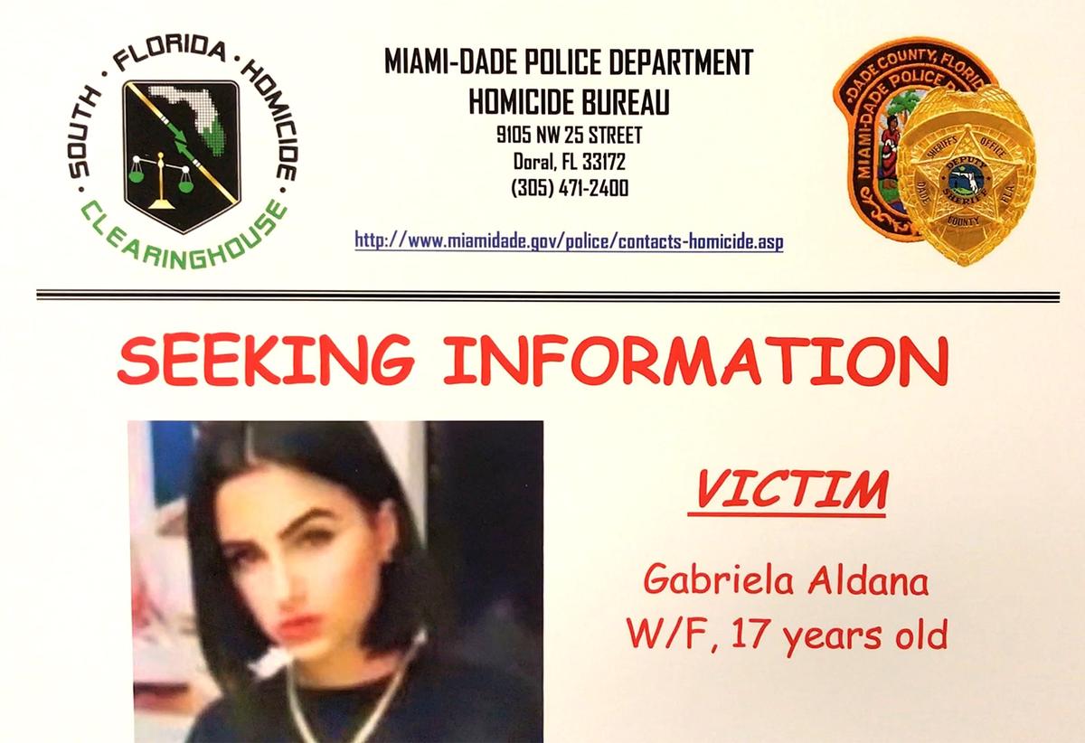 Miami-Dade Police detectives are asking the public for information in the case of Gabriela Aldana, a 17-year-old girl shot and killed at about 2 a.m. May 24, 2019, in the parking lot of the Hookah Palace, 11865 SW 26th St., in Miami, Florida.