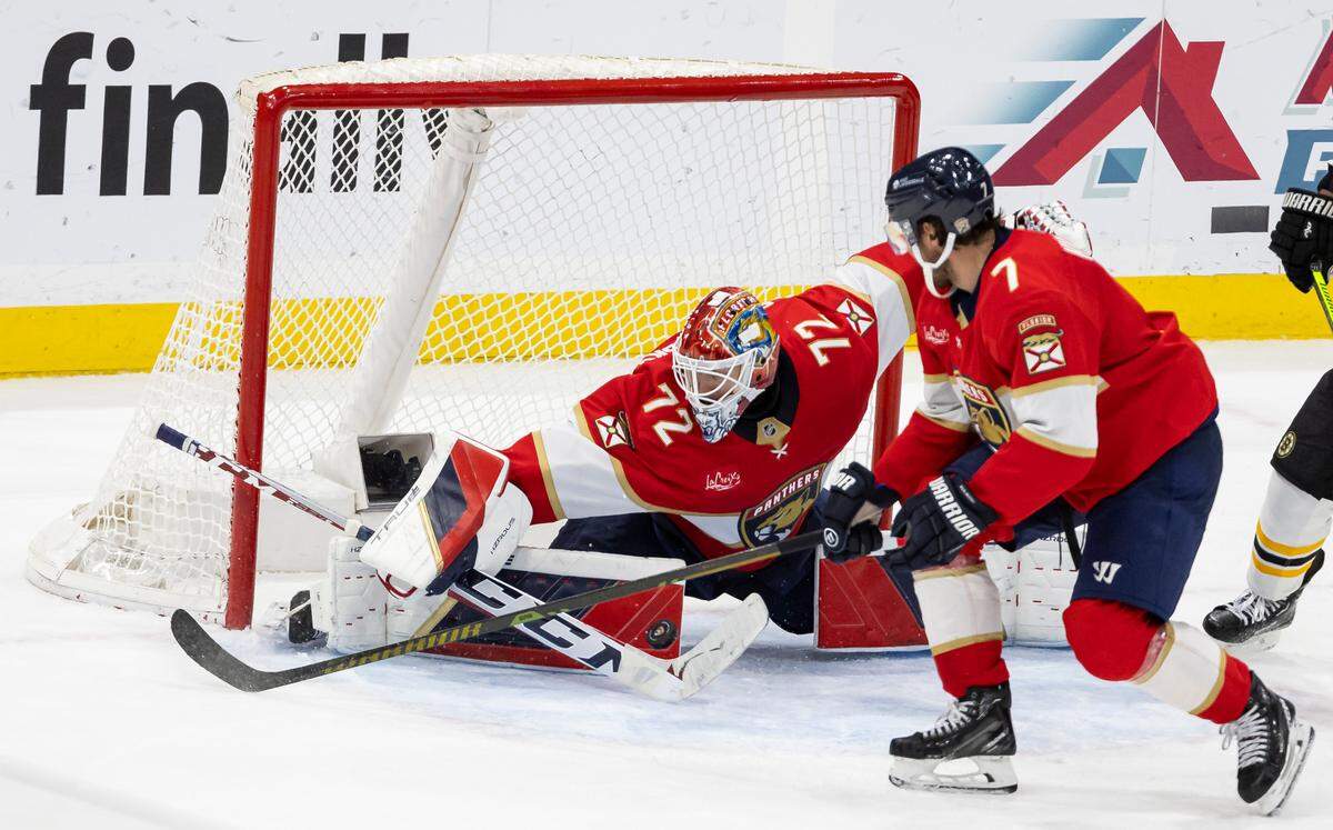 Florida Panthers goaltender Sergei Bobrovsky (72) blocks a shot against the Boston Bruins in the overtime period of their NHL game at Amerant Arena on Saturday, Jan. 11, 2025, in Sunrise, Fla.