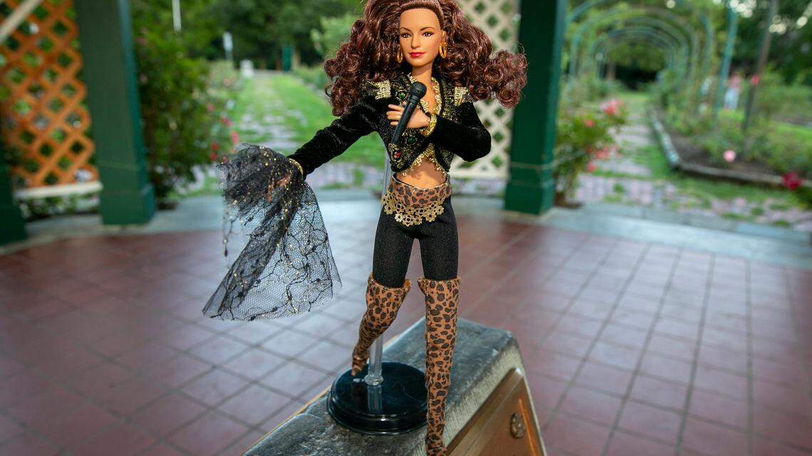 A Barbie Doll in the likeness of Gloria Estefan is posed in the Mills Rose Garden in Syracuse, New York, on Wednesday, Aug. 31, 2022. Mattel released the doll to mark the singer’s 65th birthday. On Sept. 1, Mattel released a limited edition Gloria Estefan Barbie doll that incorporates her look from the 1989 “Get On Your Feet” video so as to incorporate the performer’s Hispanic heritage. Estefan worked with Mattel on every aspect of the doll’s look, she told the Miami Herald.