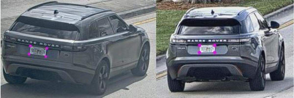Two views of the 2019 dark gray Land Rover Range Rover, Florida tag No. 98AMZH, that Lauderhill police say was driven into a woman on West Broward Boulevard. The woman died after the overnight hit-and-run.
